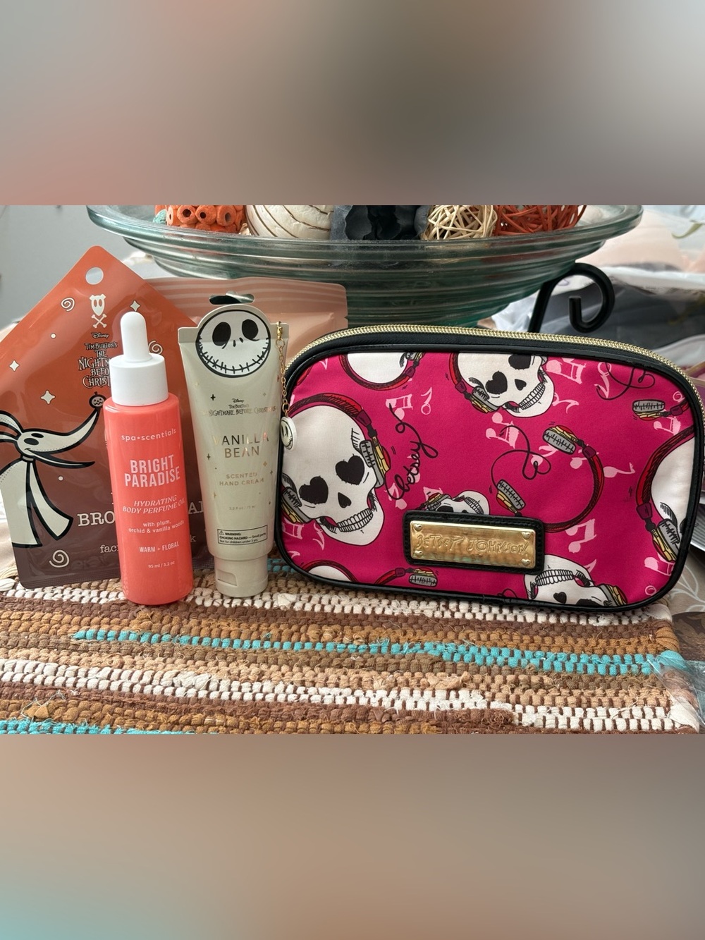 Betsey Johnson Hot Pink Skull Print Cosmetic bundle